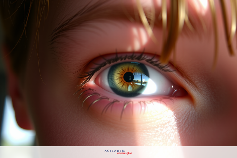 The image is a close-up of a person's eye. The eye has an iris with a yellow hue and a black pupil at the center. There are visible eyelashes, and the eye appears to be looking upwards towards something bright.