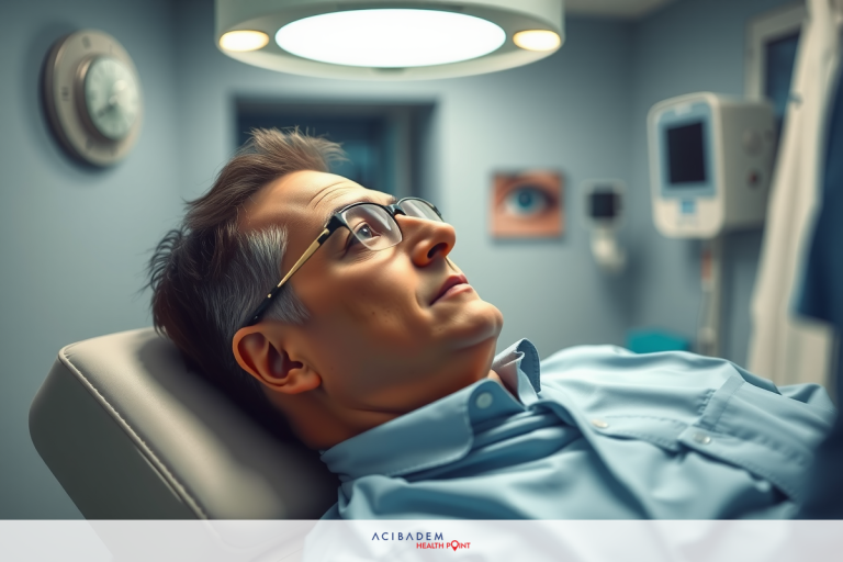 The image shows a man lying down on an examination table, with medical equipment and monitors in the background. He appears to be receiving some form of medical treatment or being monitored during a procedure.