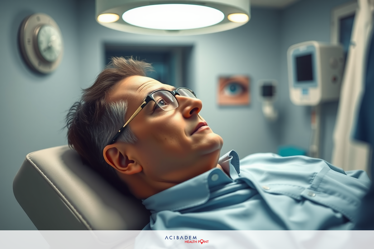 The image shows a man lying down on an examination table, with medical equipment and monitors in the background. He appears to be receiving some form of medical treatment or being monitored during a procedure.
