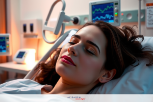 An image showing a woman lying in a hospital bed. She is wearing makeup and appears to be resting or possibly sleeping. The medical environment includes monitors, charts, and medical equipment typical of a patient's room in a hospital.