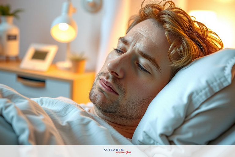 A man in a white hospital bed, with closed eyes and lips pursed. The bed has white sheets and pillows.