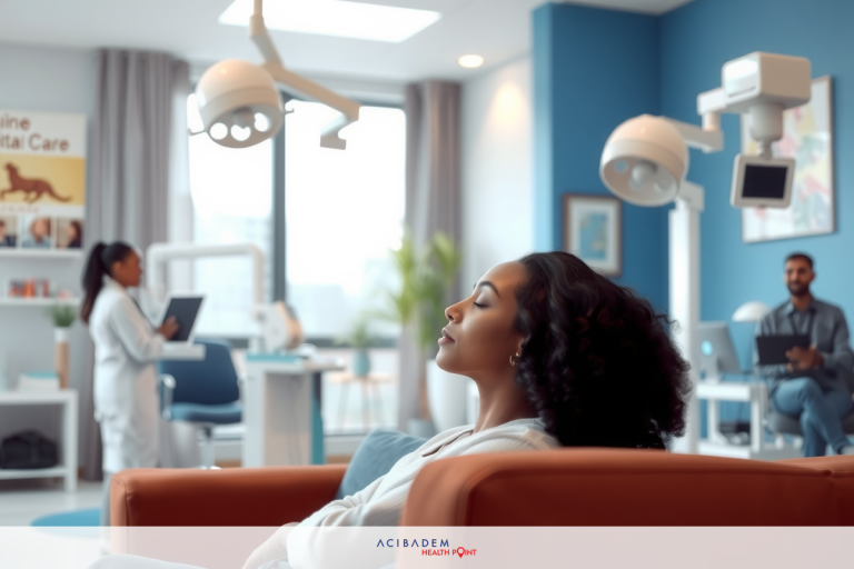 What Is the Cost of LASIK Eye Surgery in California This image features a woman sitting on a red couch in what appears to be a modern, clean medical office. She is wearing scrubs and looking relaxed or possibly asleep with her eyes closed.