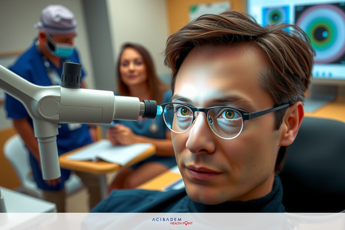 The image shows a man in the foreground, appearing to be undergoing an eye examination. He is wearing glasses and looking upwards towards the camera with a slight smile on his face.