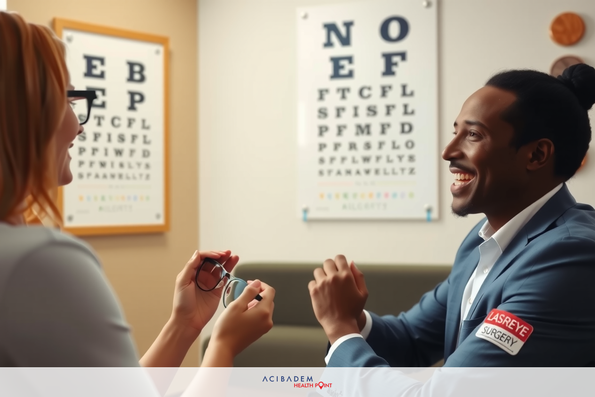 In the image, there is a man and a woman engaged in conversation. The woman is wearing glasses. The woman appears to be showing him something she's holding. The background features an eye chart, indicating that this could be happening inside an optician's office or a place related to vision care.