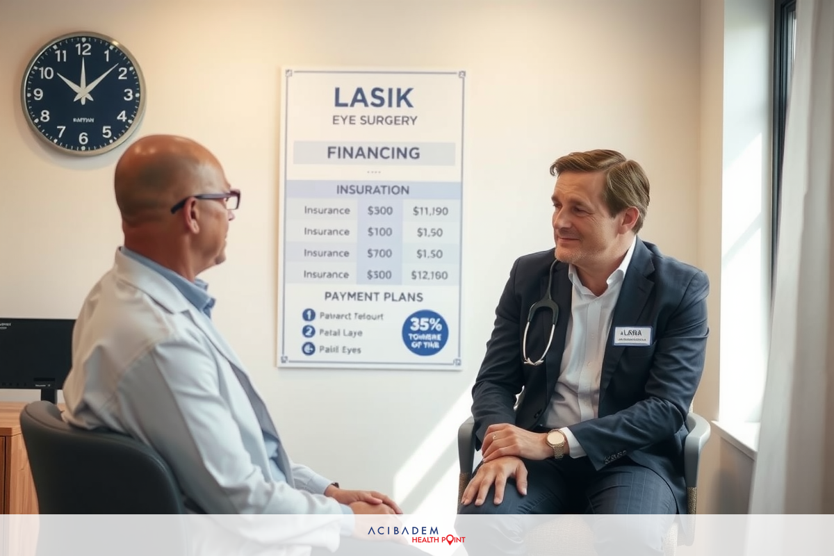 The image shows two men in a professional setting, one possibly being a healthcare professional due to the white coat and glasses. They appear to be engaged in conversation in an office or clinic environment.