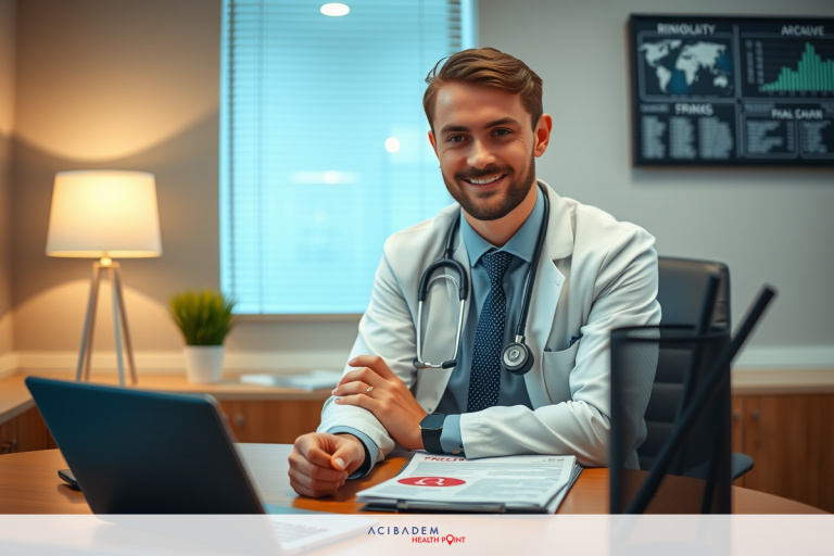 How Much Does Rhinoplasty Cost 2019? Image of a young, smiling male physician wearing a white lab coat and sitting at his desk in an office environment. His hands are clasped together and he appears to be engaged with a laptop on the table before him.