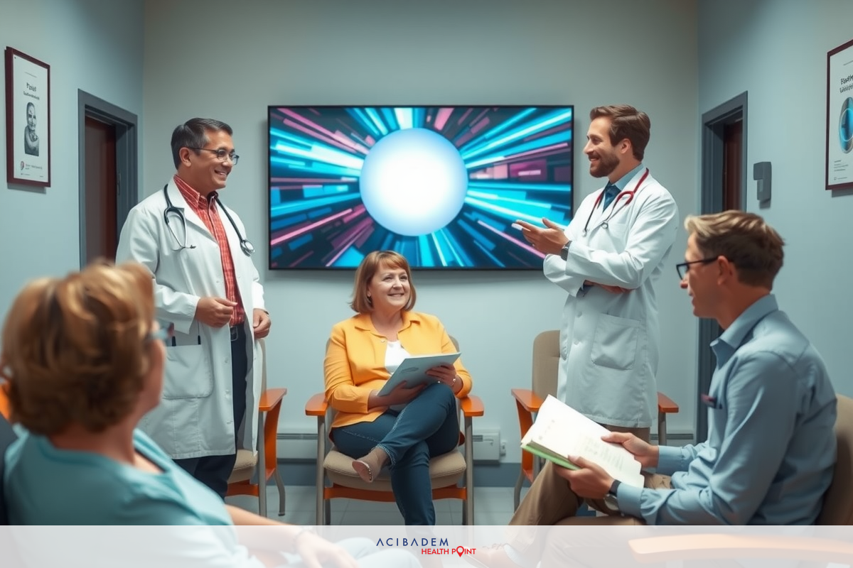 A group of medical professionals, including doctors and a patient, gathered in a modern healthcare facility. They are engaged in discussion while standing in front of an interactive digital display showing vibrant colors.