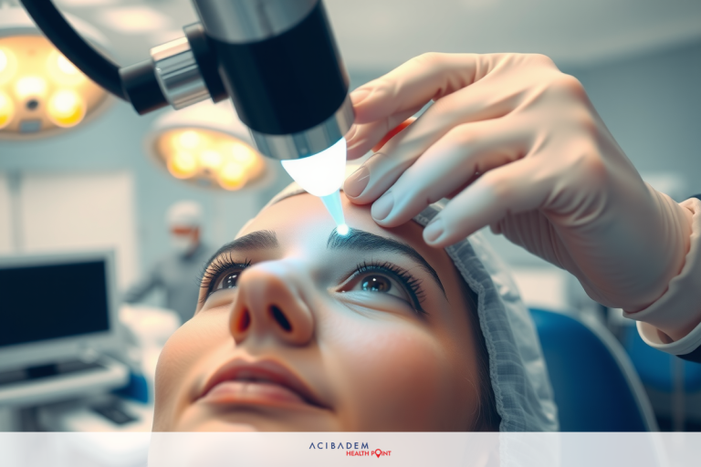 A woman getting her eyes examined in an eye doctor's office. She has a dilated pupil, and the technician is using a slit lamp to examine her cornea.