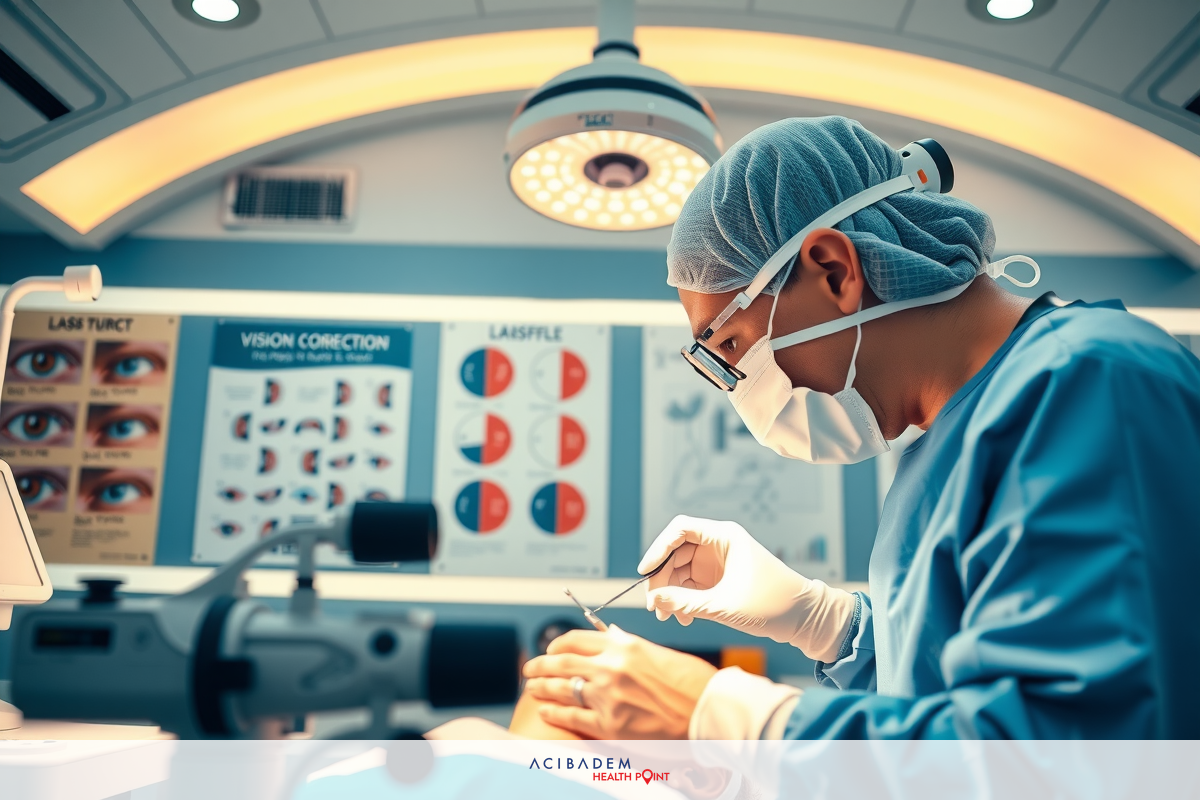 A medical professional wearing surgical attire is operating a microscope with precision instruments over an eye. The environment suggests a clinic or hospital setting.