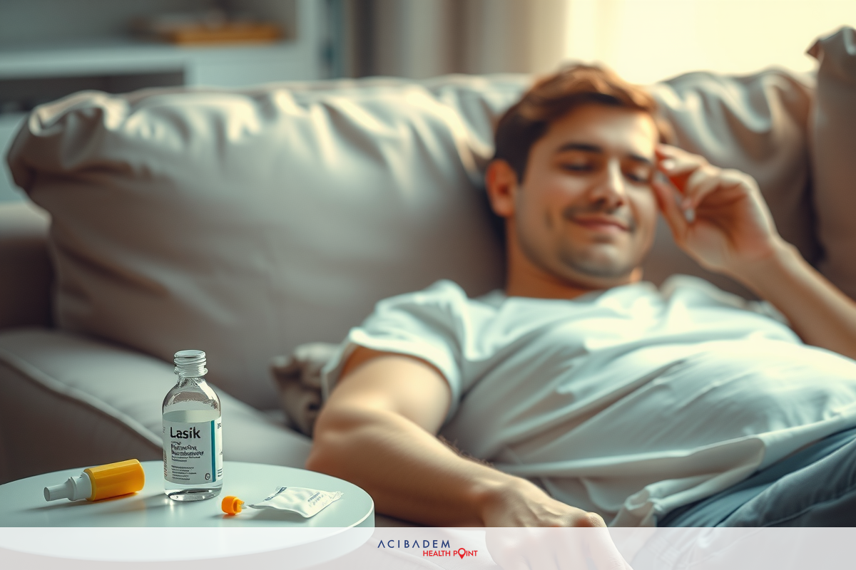 The image shows a man relaxing on a couch, with his feet propped up. He is wearing casual clothing and has a content smile on his face. On the table in front of him are two prescription bottles, suggesting he might be taking medicine. The room appears to be a modern living space with soft lighting.