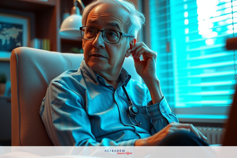 What Age is Suitable for LASIK Eye Surgery An elderly man with glasses and a blue shirt is sitting in an armchair with his right hand on the arm of the chair. He looks thoughtful or worried. His left hand is behind his ear.