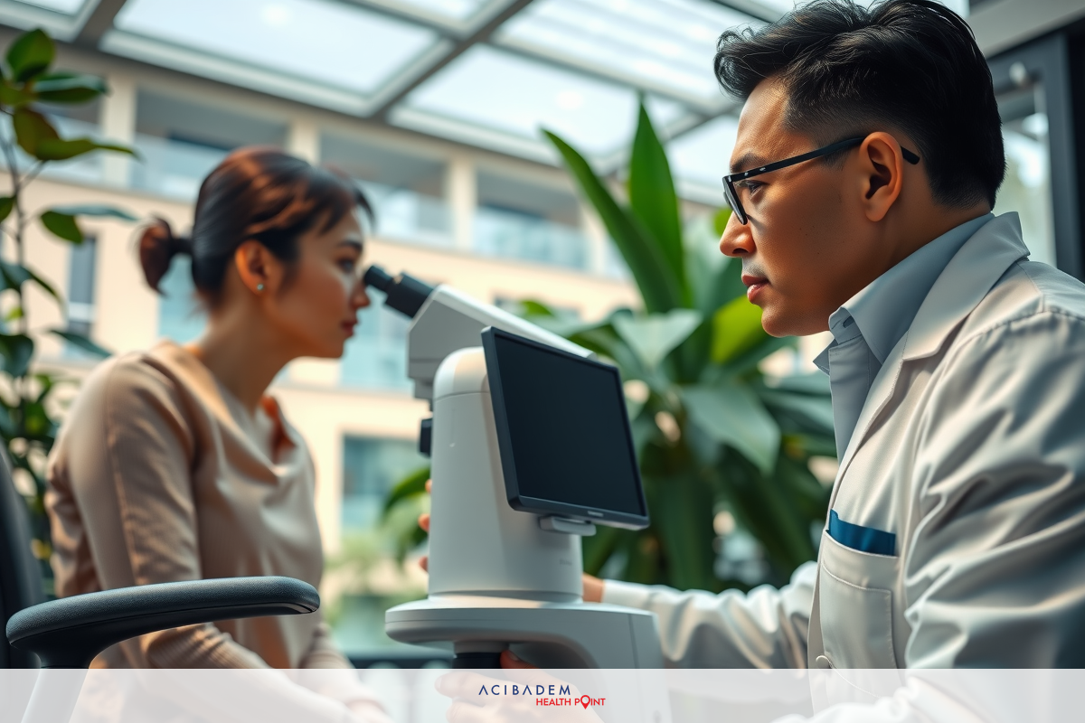 In an indoor office setting, a doctor in a white lab coat is seated at a desk, working with a patient who is examining her eye through a slit-lamp. The doctor's focused attention on the examination suggests a professional and compassionate medical interaction.