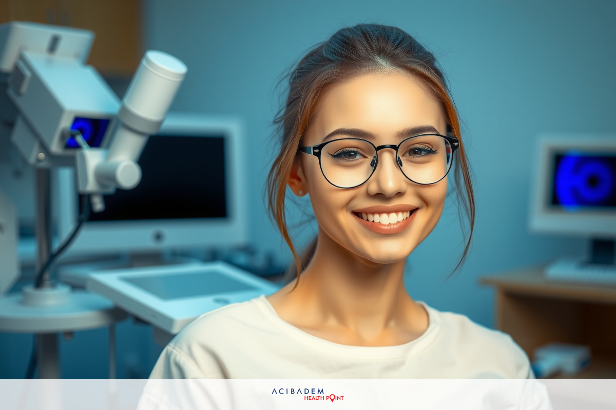 The image shows a woman smiling at the camera with what appears to be a medical setting in the background. She is wearing glasses and a white coat, which could suggest she is a healthcare professional or patient. The environment includes electronic equipment that might be used for medical procedures or diagnosis.