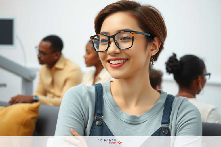 Can You Have Laser Eye Surgery at 18? Young woman with glasses and a warm smile, wearing casual business attire and sitting in an office environment. She's looking slightly to her left while her colleagues work around her.