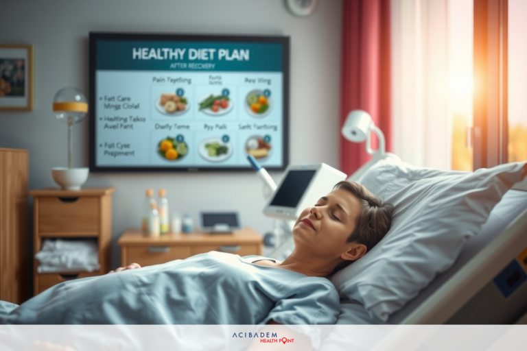 BBL Surgery Post Op Care This image depicts a hospital room with a patient lying on a bed. The TV in the background displays healthy diet and exercise tips. The focus is on the patient's upper body, and she appears to be resting or perhaps receiving medical attention.