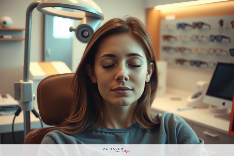 A woman relaxing in an optician's office, closing her eyes while seated. The environment includes a chair with headrest, glasses on display in the background, and a computer desk with monitor and keyboard.