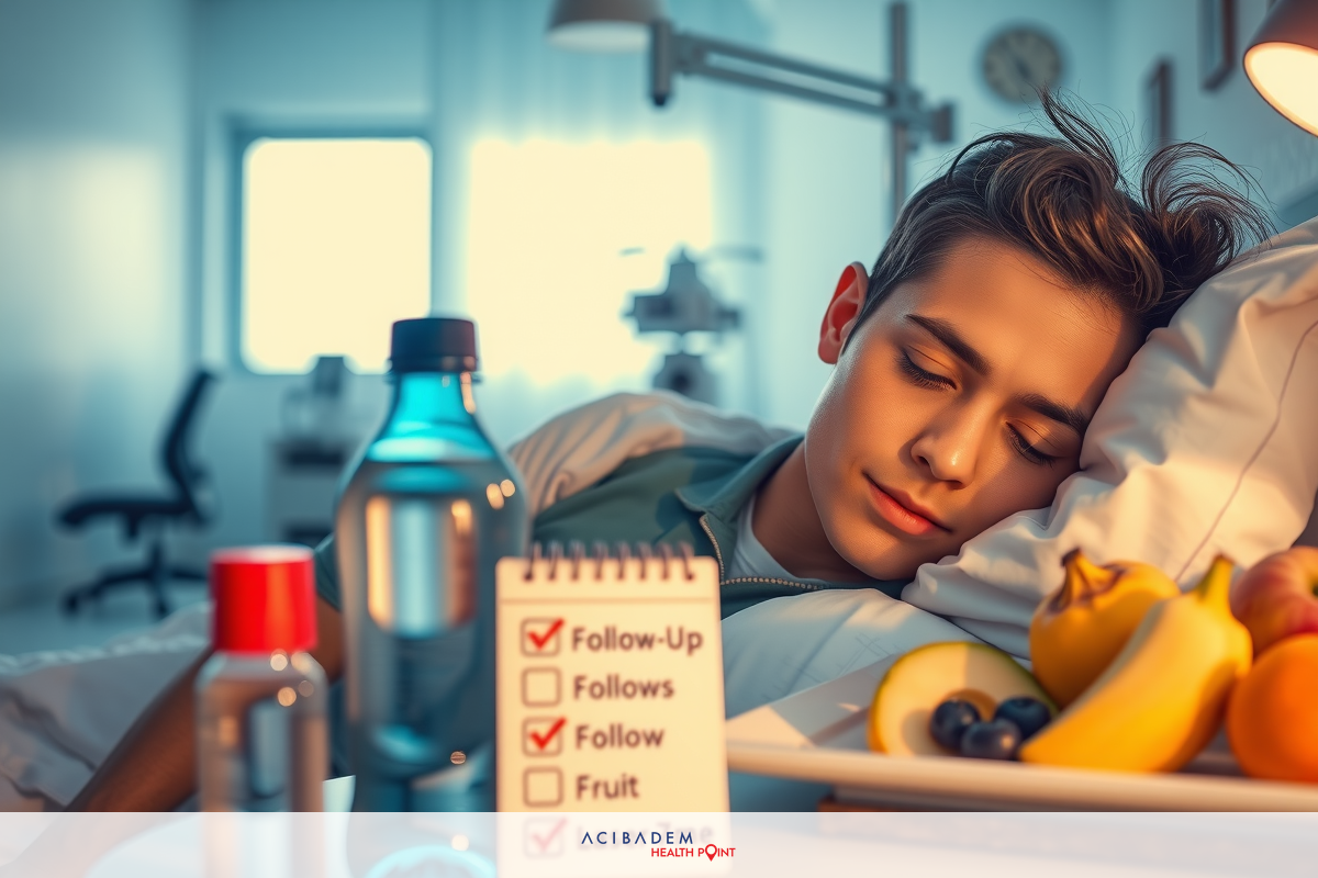 The image depicts a young man lying in bed, asleep. The room has a clinical appearance with medical equipment, suggesting he might be in a hospital or healthcare facility. There is a tray of food next to him on the bed, which includes fruits and a bottle of water.