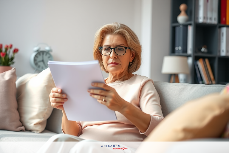 An elderly woman wearing glasses is seated on a beige sofa, looking at and reading from a piece of paper. She is dressed in a light-colored outfit and has her hair pulled back.