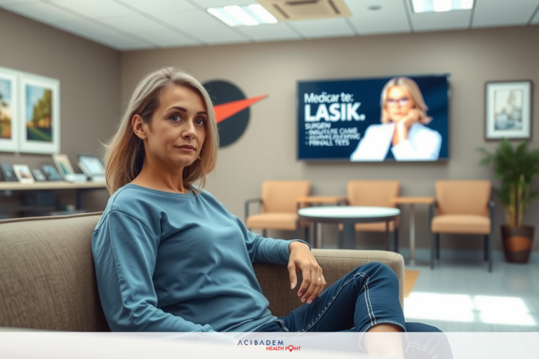 Is Laser Eye Surgery Covered Under Medicare? This is a photograph of a woman in a professional setting. She is seated on an armchair, wearing casual attire, including jeans and a long-sleeved top. Her posture suggests relaxation or waiting.