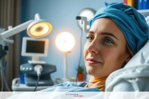 The image shows a woman lying in a hospital bed, wearing medical scrubs and surgical headwear. She appears to be calmly awaiting a procedure or recovering from one. The room has medical equipment around her, indicating that she is in a healthcare facility.
