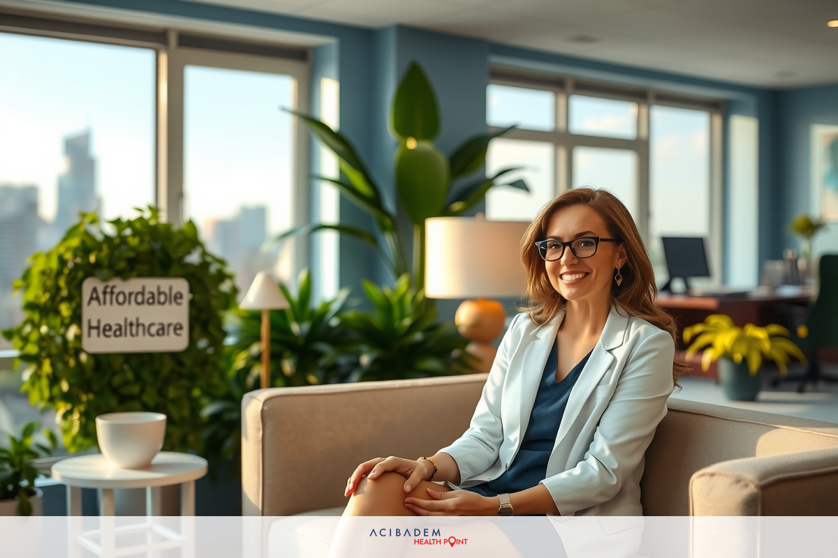The image shows a smiling woman seated in an office environment. She appears to be the subject of the photo and is wearing professional attire that includes a blazer, a white lab coat, suggesting she might be a medical or healthcare professional.