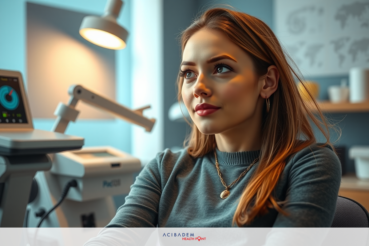 The image shows a woman sitting in an eye doctor's office. She looks up and appears to be concentrating on something off camera. The office has modern medical equipment including monitors and a chair that the patient would typically sit in for treatment. The lighting in the room is bright, suggesting a professional environment.