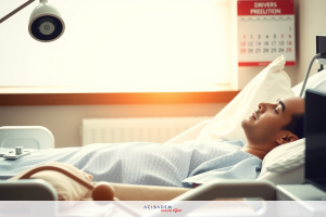 A man lying in a hospital bed with medical equipment. He appears to be under observation or perhaps awaiting treatment. The room has bright lighting and is clinical in its design, focusing on the patient's well-being.