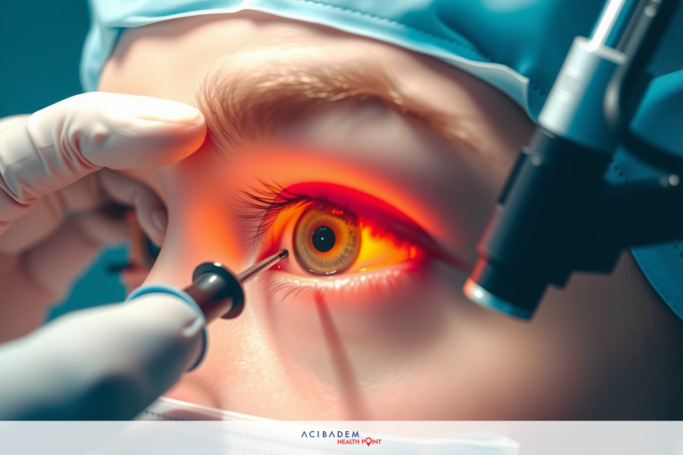 Can LASIK Eye Surgery Cause Cancer? Close-up of a medical professional's hands performing an eye examination. The eye is under magnification with an instrument, possibly for cataract surgery or other ocular procedures. Surgeon's environment suggests a sterile operating room.