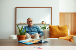 The image shows an older man sitting on a couch in a modern, well-lit living room. He is wearing glasses and appears to be engaged with paperwork or documents. The room has a cozy atmosphere with warm lighting, and there are decorative plants adding a touch of greenery.