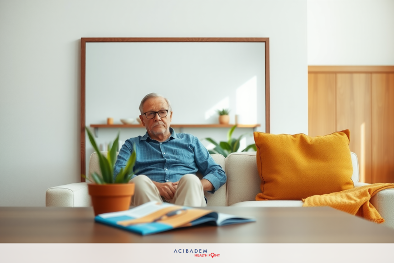 The image shows an older man sitting on a couch in a modern, well-lit living room. He is wearing glasses and appears to be engaged with paperwork or documents. The room has a cozy atmosphere with warm lighting, and there are decorative plants adding a touch of greenery.