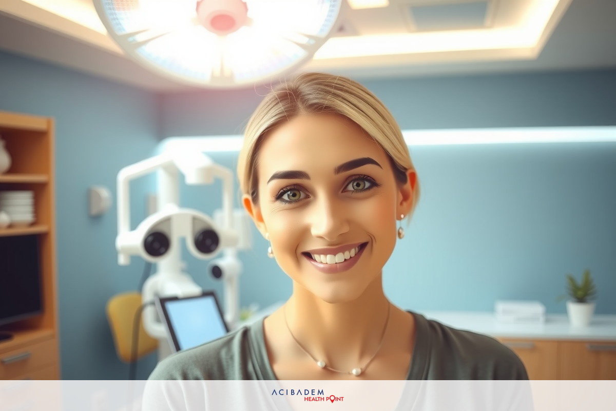 Woman in medical clinic, smiling. clinic has modern equipment including chair and computer.