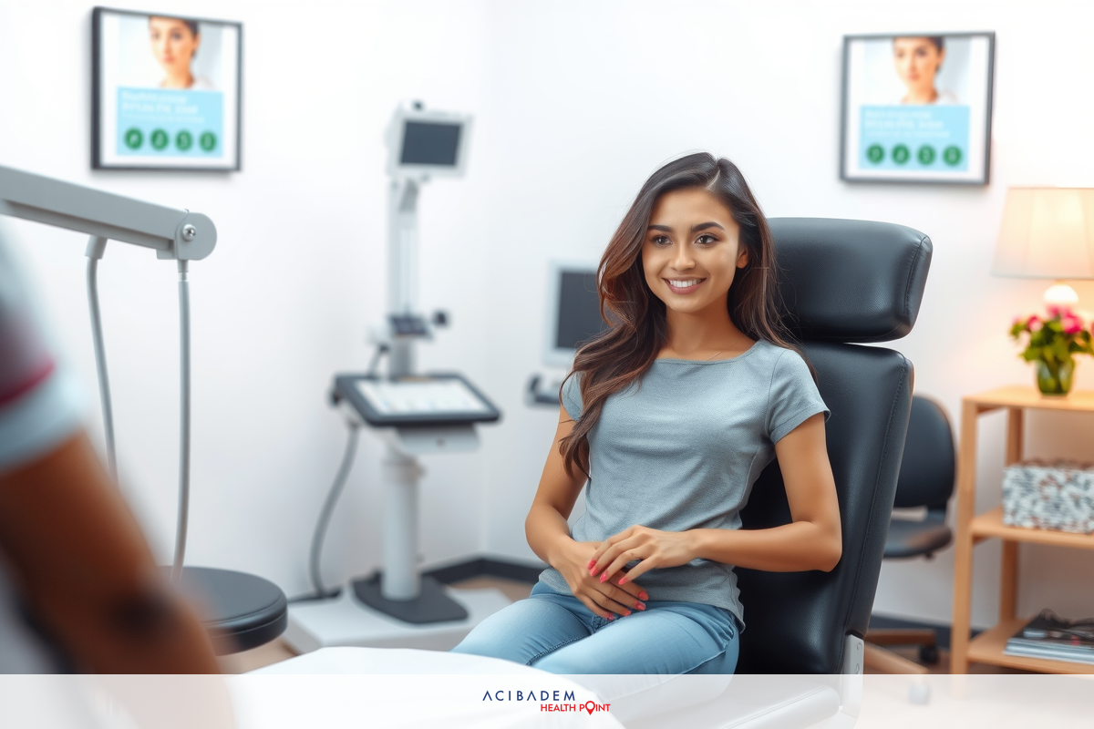 In the image, a young woman is seated in a medical office chair. She's wearing a gray top and blue jeans, with her hands clasped together on her lap.