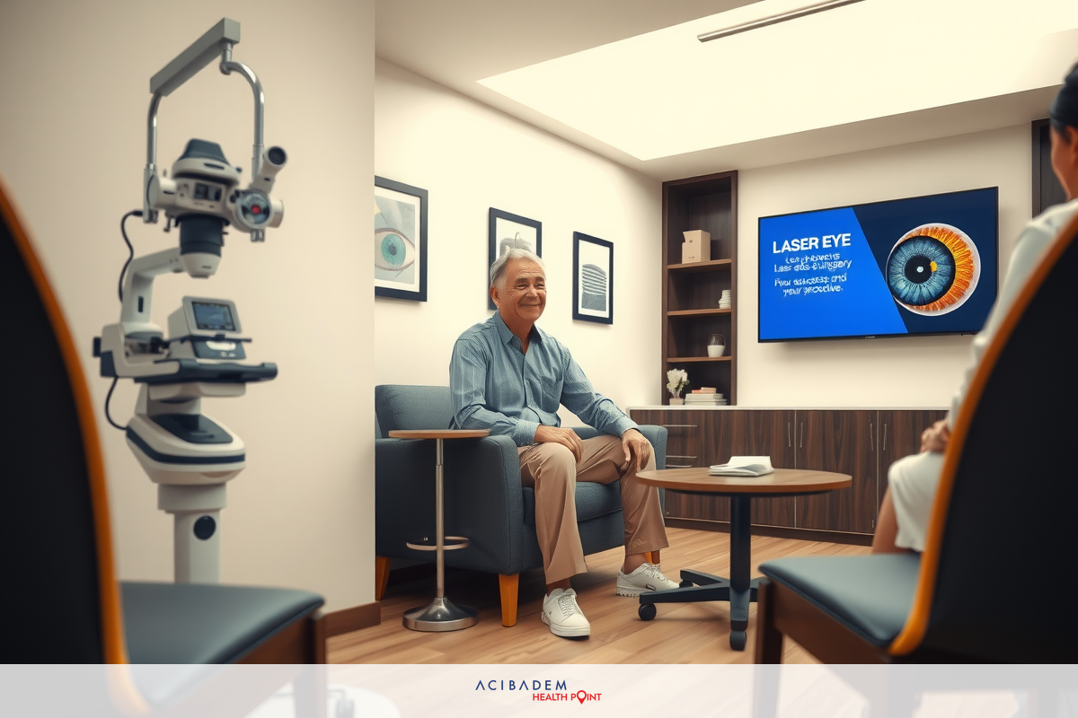 In the image, a man is seated in an examination room equipped with medical devices. The room has a clinical atmosphere, with light wood and white color tones contributing to its professional look.