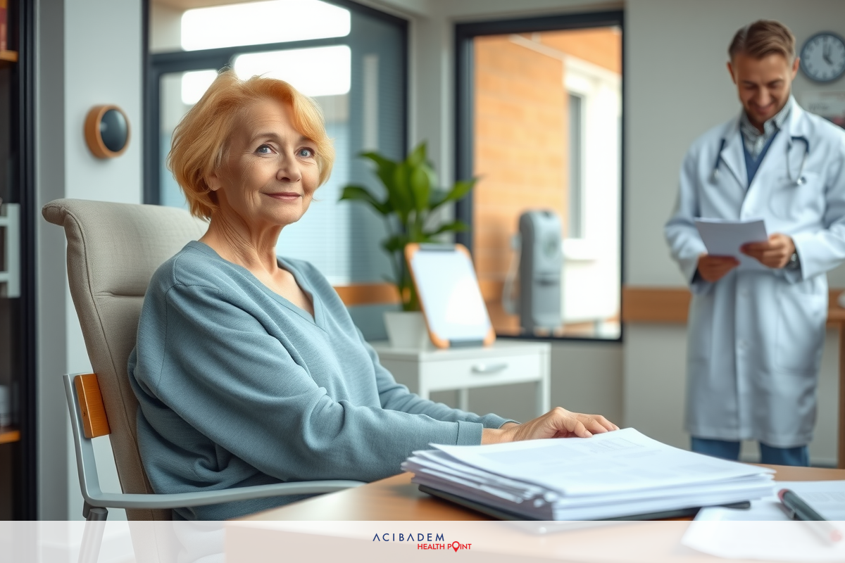 The image depicts an indoor scene where a patient is seated at a desk, possibly in a doctor's office. The patient appears to be engaged in conversation with the doctor standing beside her. The setting includes a desk with various medical documents and a potted plant visible. Both individuals are dressed in professional attire suitable for a medical environment.