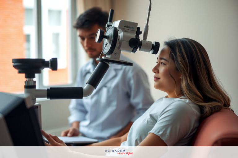 The image depicts a medical setting with two people. One person is seated on the right, possibly a patient, waiting for an examination. The other person is standing on the left, possibly a healthcare professional, operating a medical device that includes a headrest and what appears to be an eyepiece or optical instrument.