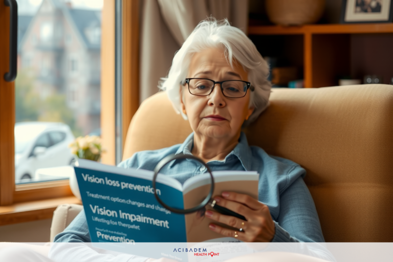An older woman is comfortably seated on a couch, reading a book. She has glasses and appears focused. The room is cozy with a window behind her and a potted plant in the corner.