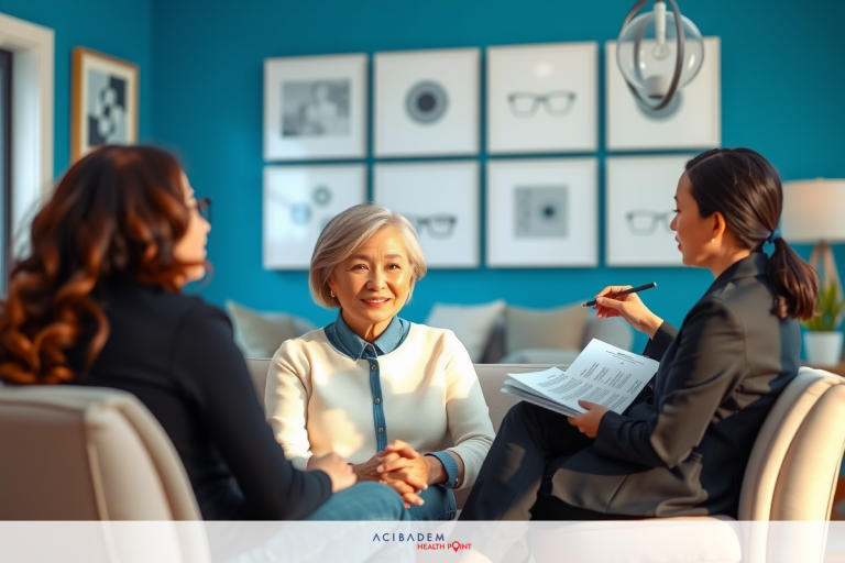 Three women chatting in a room with modern furniture. Two of the women are sitting on a couch and one is standing to her left. One of the women is holding a clipboard and appears to be leading the discussion.