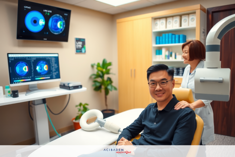 In a modern medical setting, a man sits in an examination chair facing the camera. A female healthcare professional stands behind him and watches him intently through a digital X-ray monitor displaying medical images.