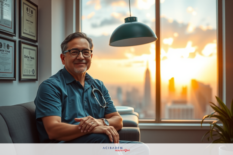 A man wearing a medical uniform, possibly a doctor or nurse, seated in an office environment with city views. The setting is warm and inviting during either sunrise or sunset.