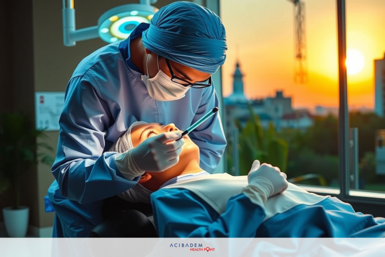 Medical professional, possibly a surgeon or anesthesiologist, performing medical procedure in operating room. Key visual elements include sterile environment, scrubs, surgical masks and gloves, headlamps, and focus on the patient's face.