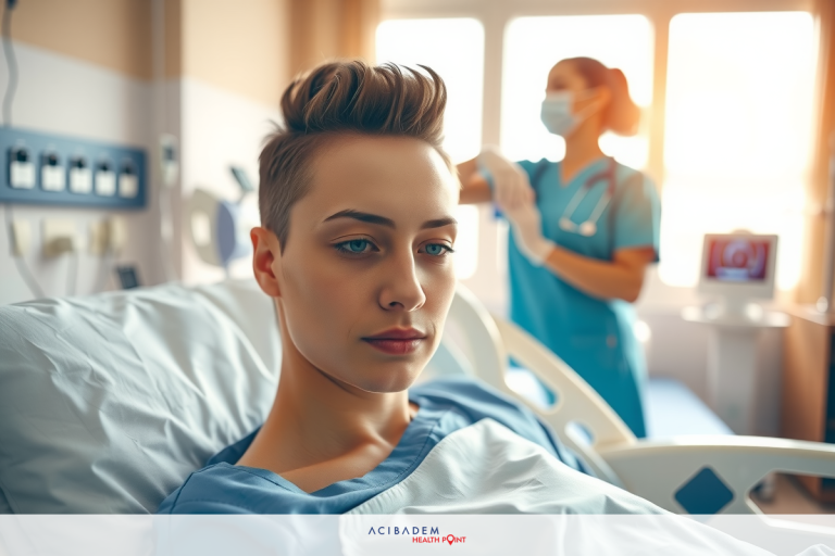 The image shows a young adult patient in a hospital bed, looking calm and composed. The healthcare professional, likely a nurse or doctor, is attentively listening to the patient with a stethoscope around their neck.