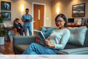 In the image, a woman is comfortably seated on a couch in an indoor setting. She's engaged with a magazine that she holds in her hands. The room has a professional atmosphere, perhaps suggesting it could be an office or waiting area of some kind.