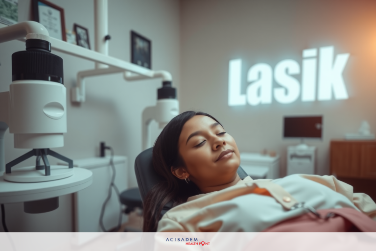 A woman seated in an eye examination chair, surrounded by medical equipment including a slit lamp and other optical devices. The setting is a clean, professional environment indicative of an optician's office.