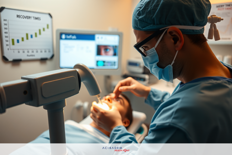 What Is the Difference Between Laser and LASIK Eye Surgery The image shows a man lying down on a medical bed within what appears to be an operating or procedure room. A healthcare professional, dressed in surgical attire, is performing a procedure that may involve the patient's eye area.