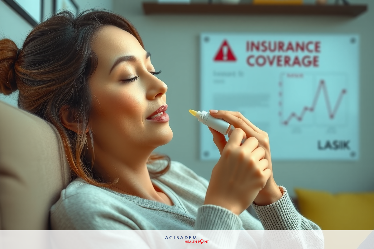 A woman in a gray sweater is lying on her back, possibly holding an eye dropper in one hand. She looks relaxed and may be relieving stress or experiencing a sense of calm. Surrounding her is an office setting with modern furniture.