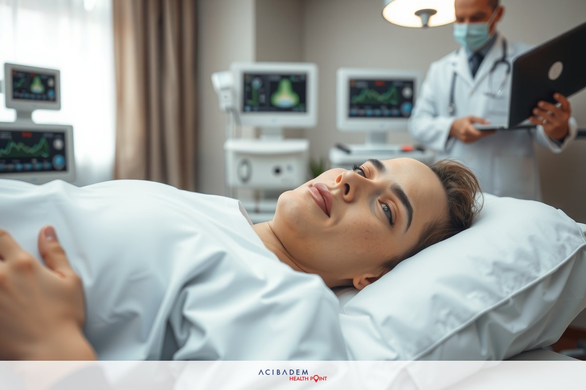 The image shows a hospital room with medical staff. A woman is lying in a bed, likely receiving care or treatment. There are various pieces of medical equipment around her, including monitors and devices for monitoring vital signs.