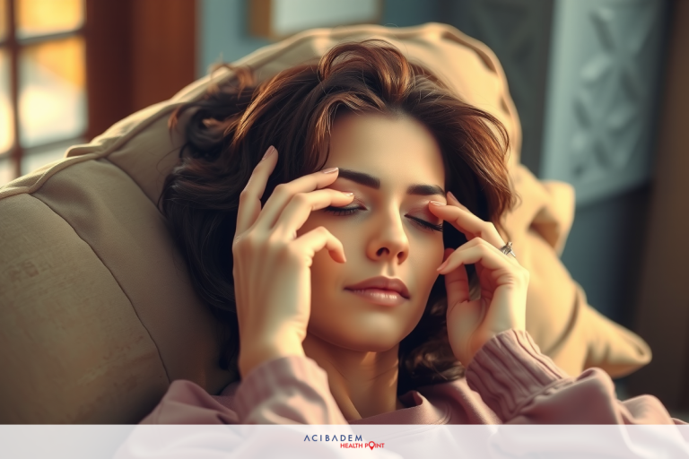The image depicts a woman sitting on a couch with her eyes closed. She has a hand placed over her forehead, suggesting that she might be meditating or practicing deep breathing.
