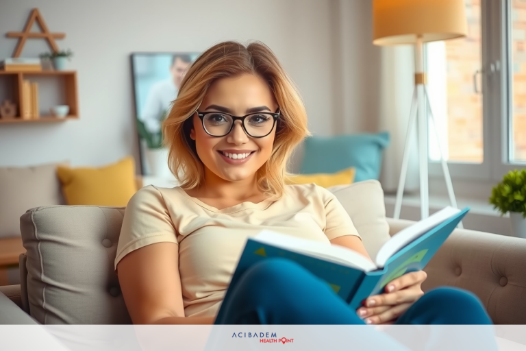 A woman smiling and reading a book, sitting on a couch in a modern home with a beige sofa, blue throw pillows, and a bright window that allows natural light to illuminate the room.
