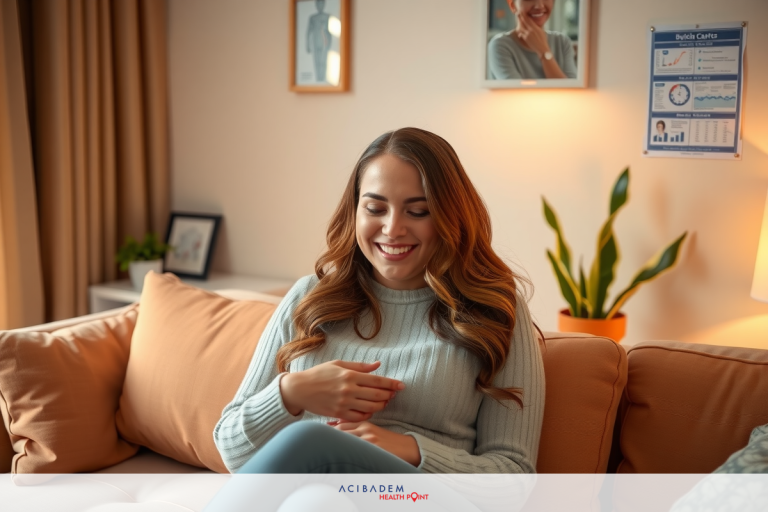 A woman sitting on a couch, smiling and looking towards the camera. She is wearing a long-sleeved sweater and appears to be engaged in conversation or sharing a light moment.