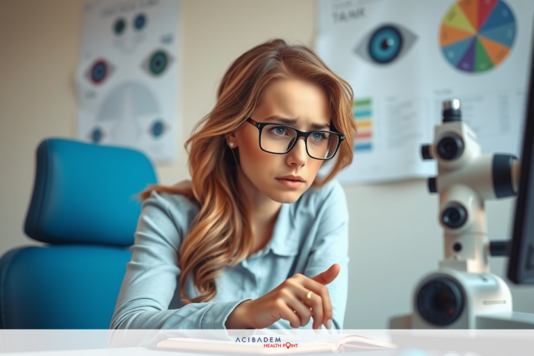 In the image, there is a woman wearing eyeglasses and a blue shirt. She appears to be focused on work or study in an office environment, as indicated by her position at a desk with papers and various medical and research-related notes and images around her.